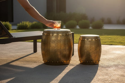 Cyrus Set of 2 Hammered Drum Stools and Tables