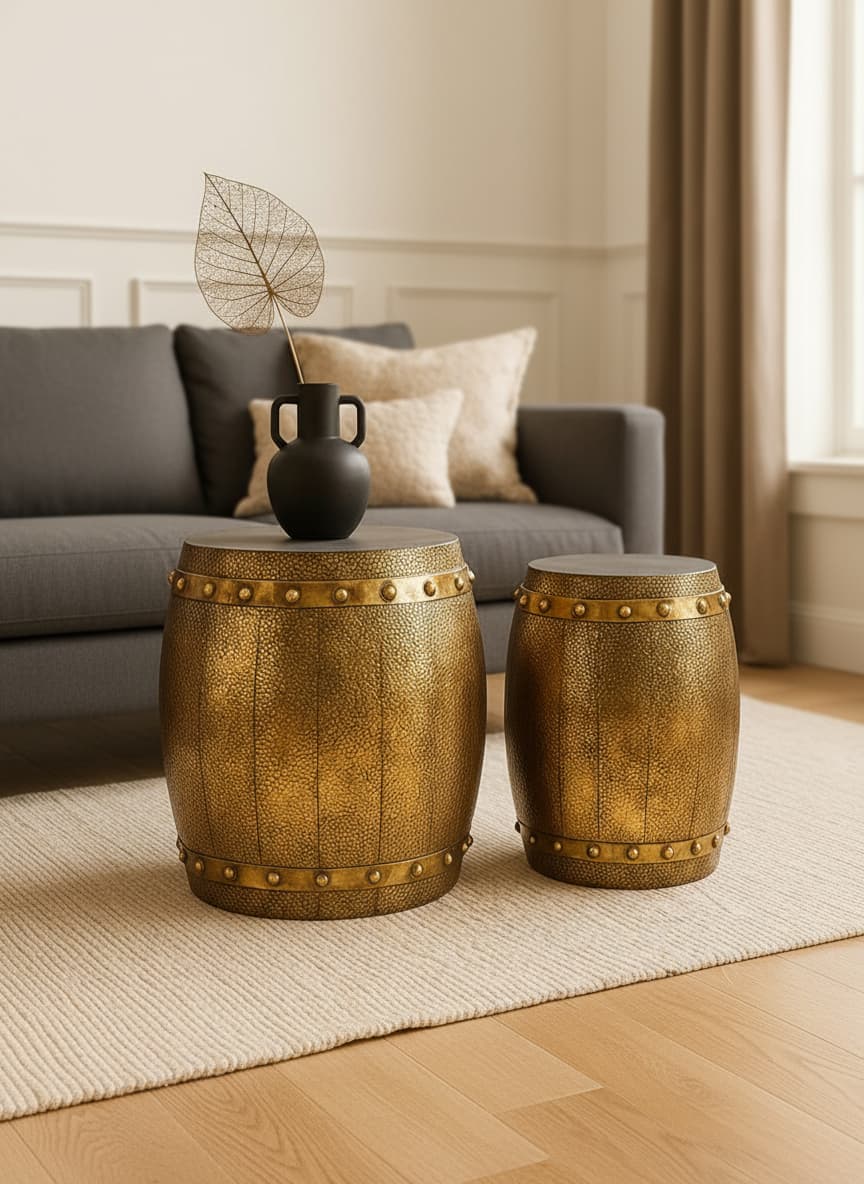 Cyrus Set of 2 Hammered Drum Stools and Tables