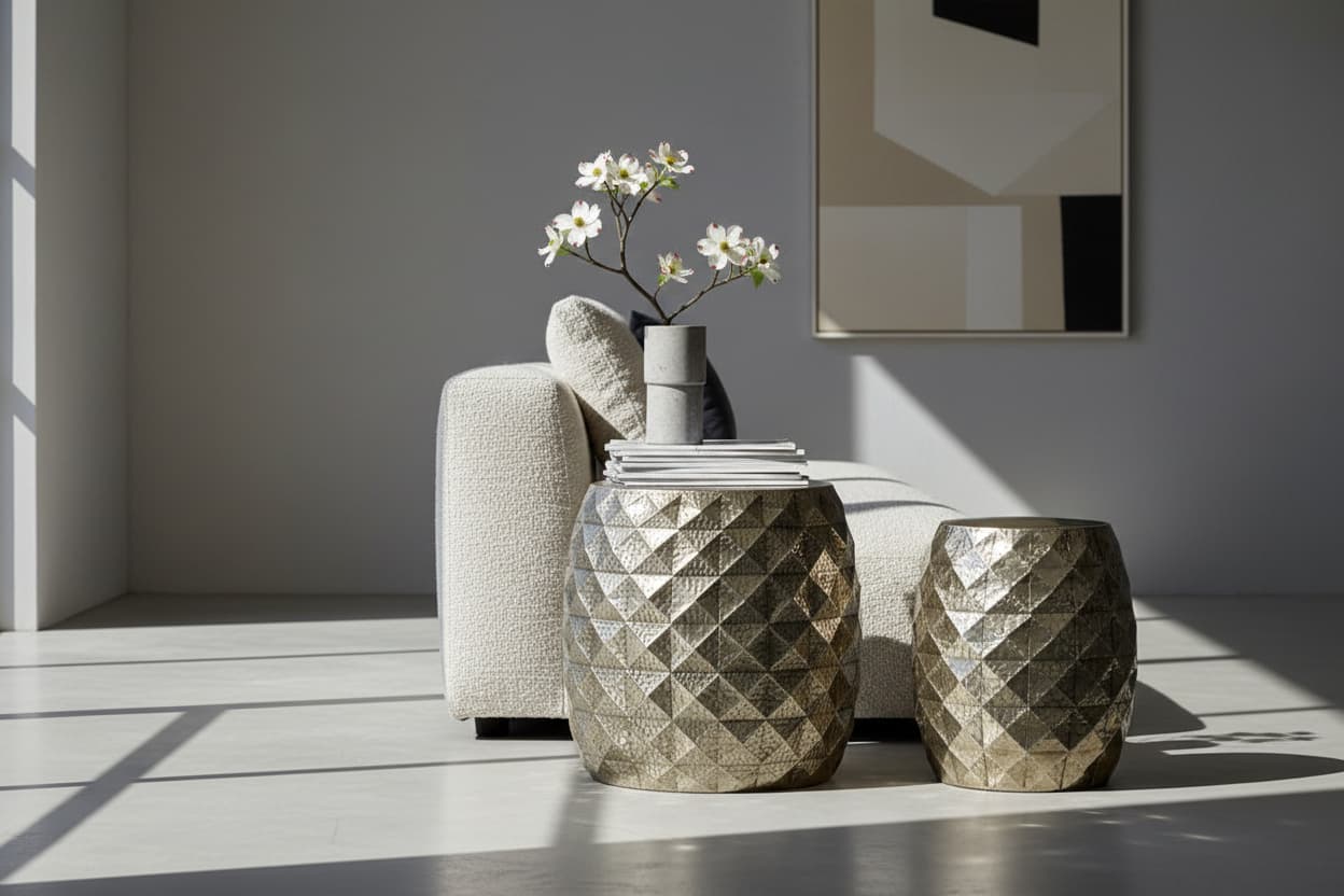 Cyrus Set of 2 Silver Finish Textured Stools and Tables
