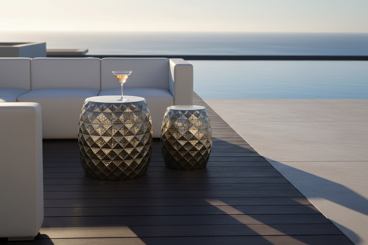 Cyrus Set of 2 Silver Finish Textured Stools and Tables