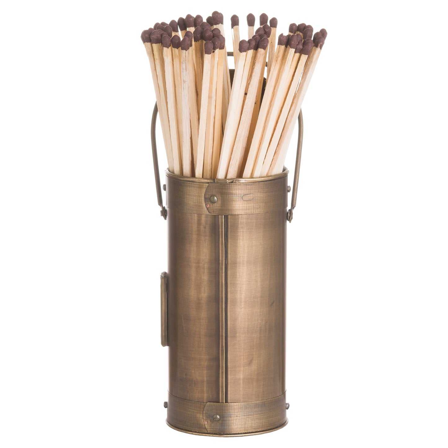 Antique bronze matchstick holder with a sleek finish, containing 60 long matches for stylish fireside ambiance.