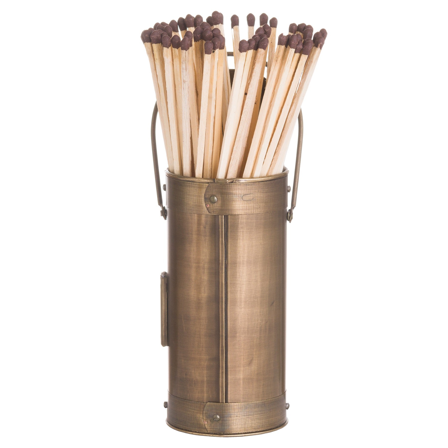 Antique bronze matchstick holder with a sleek finish, containing 60 long matches for stylish fireside ambiance.