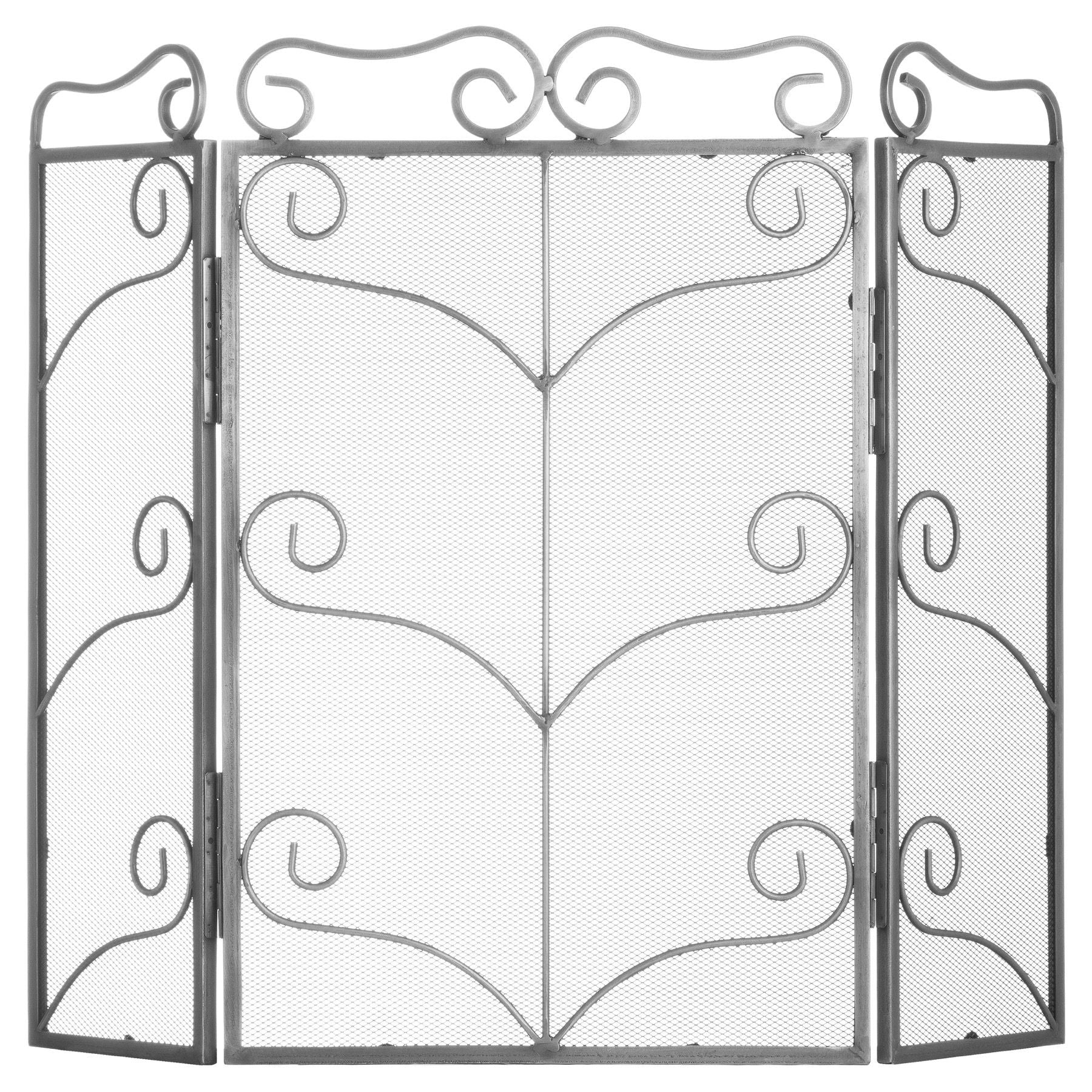 Antique silver three-panel fire screen featuring intricate scrollwork and leaf designs, enhancing any elegant living space.