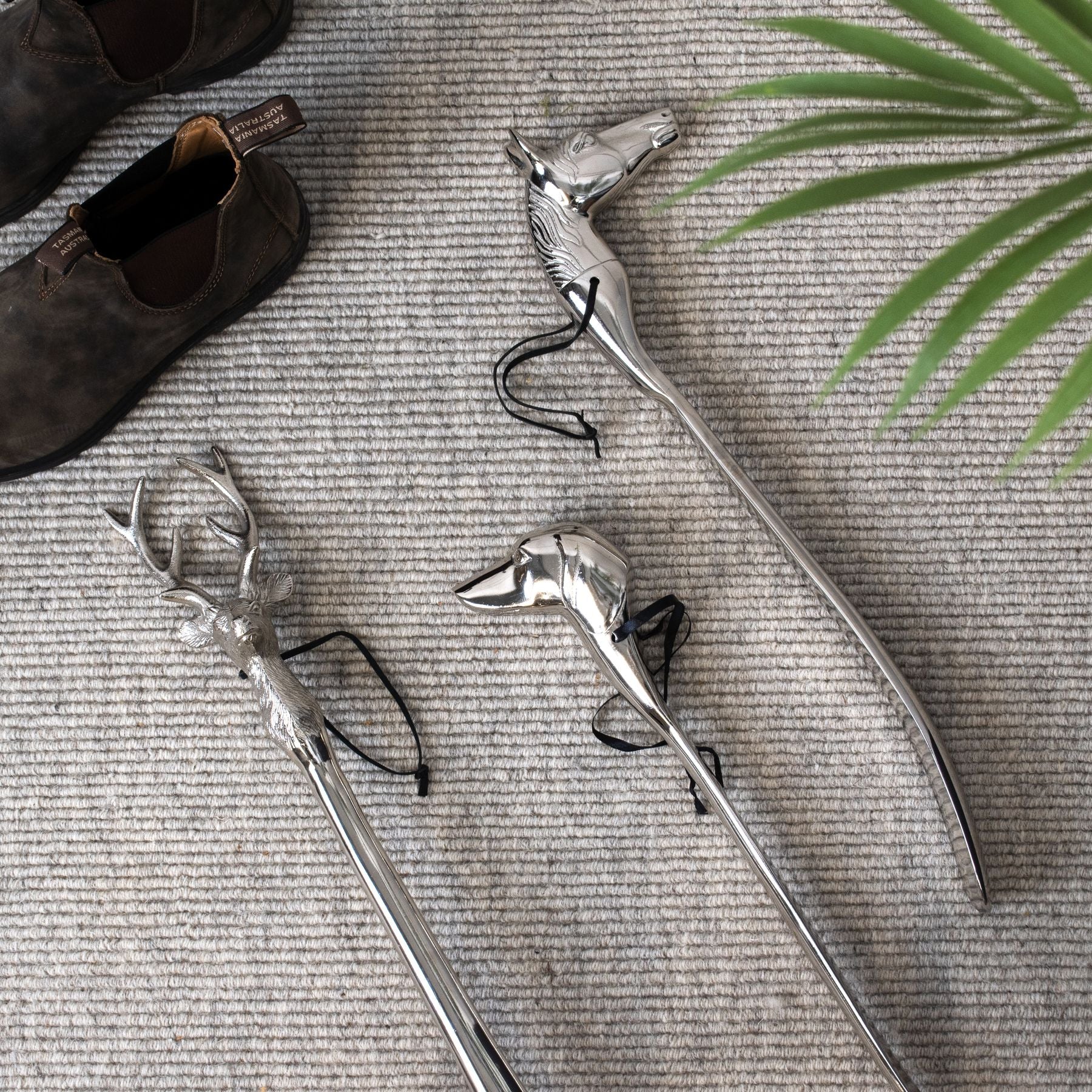 Silver Nickel Dog Head Detail Shoe Horn - Ornaments from the Quanta Home collection.