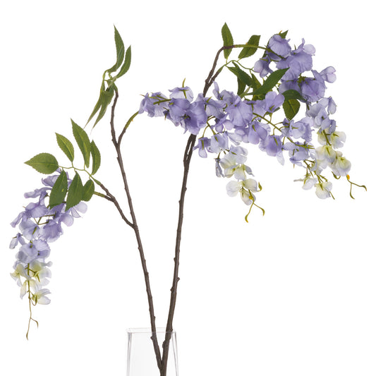 Delicate lilac blooms cascading from a natural stem, complemented by subtle green leaves, creating a romantic floral accent.