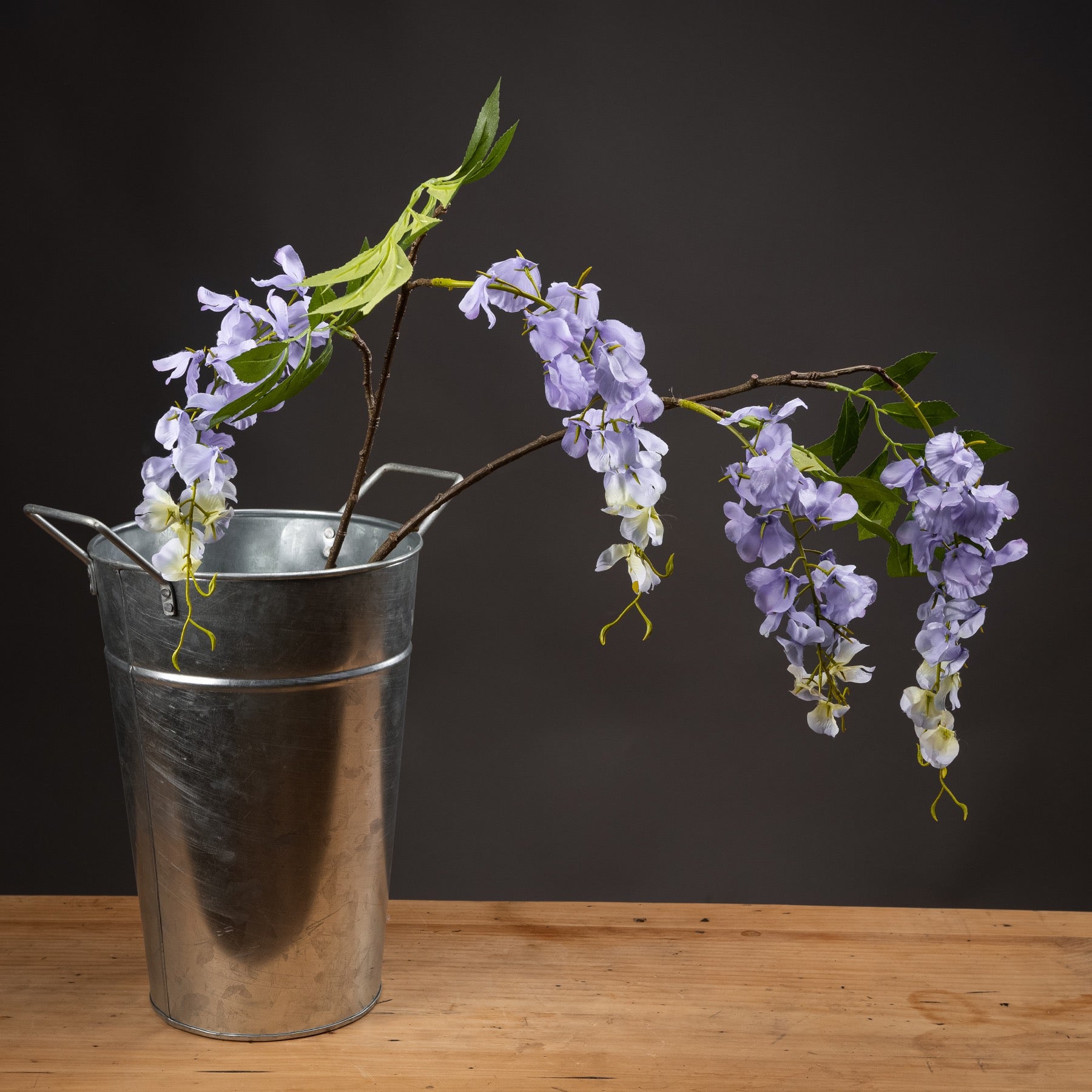 Cascading lilac wisteria blooms in a silver bucket, featuring delicate petals and lush green leaves, adding elegance to any decor.
