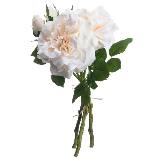 Peachy cream artificial roses tied with rustic twine, surrounded by lush green leaves, creating an elegant bouquet.