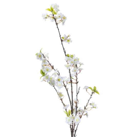 Lifelike white cherry blossom spray with delicate blooms and green leaves, ideal for enhancing decor with seasonal elegance.