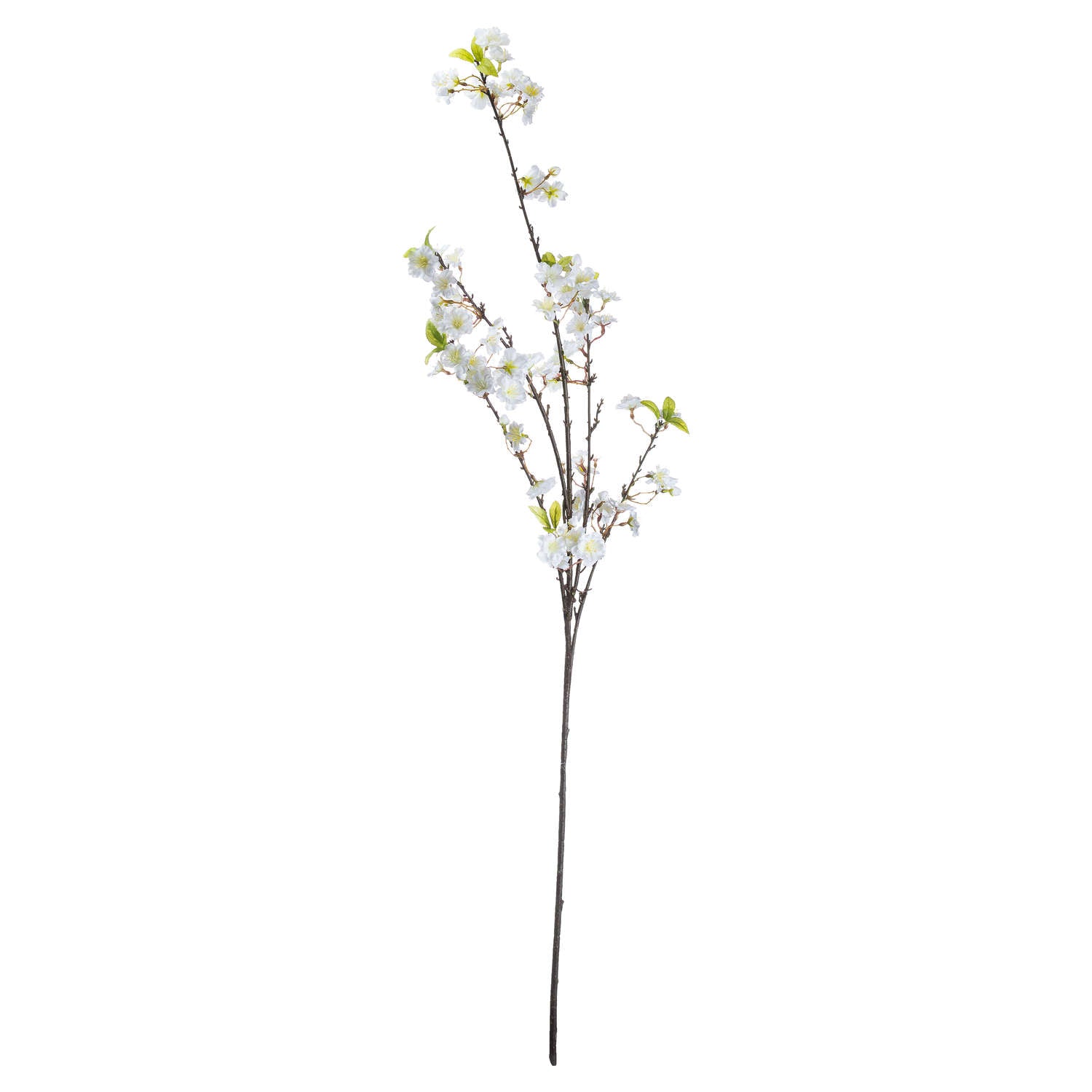Lifelike white cherry blossom spray with delicate petals and green leaves on a slender stem, ideal for elegant decor arrangements.