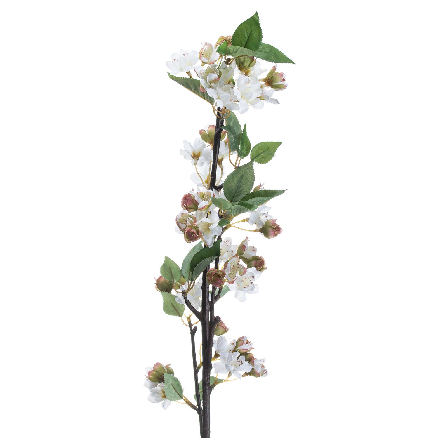 Delicate white blossoms with pink buds and vibrant green leaves on a natural-looking stem, ideal for spring decor.