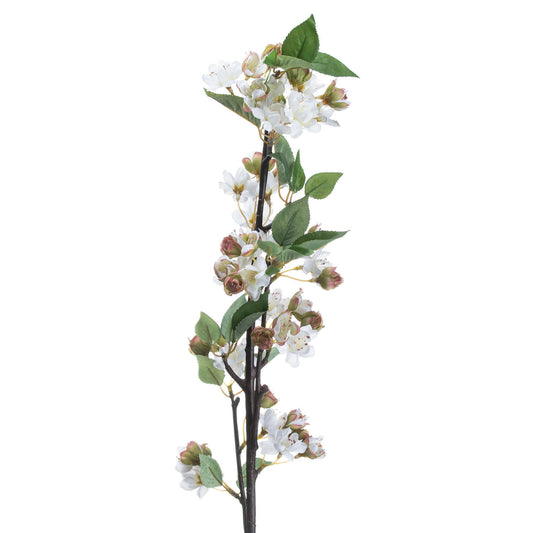 Delicate white blossoms with pink buds and vibrant green leaves on a natural-looking stem, ideal for spring decor.