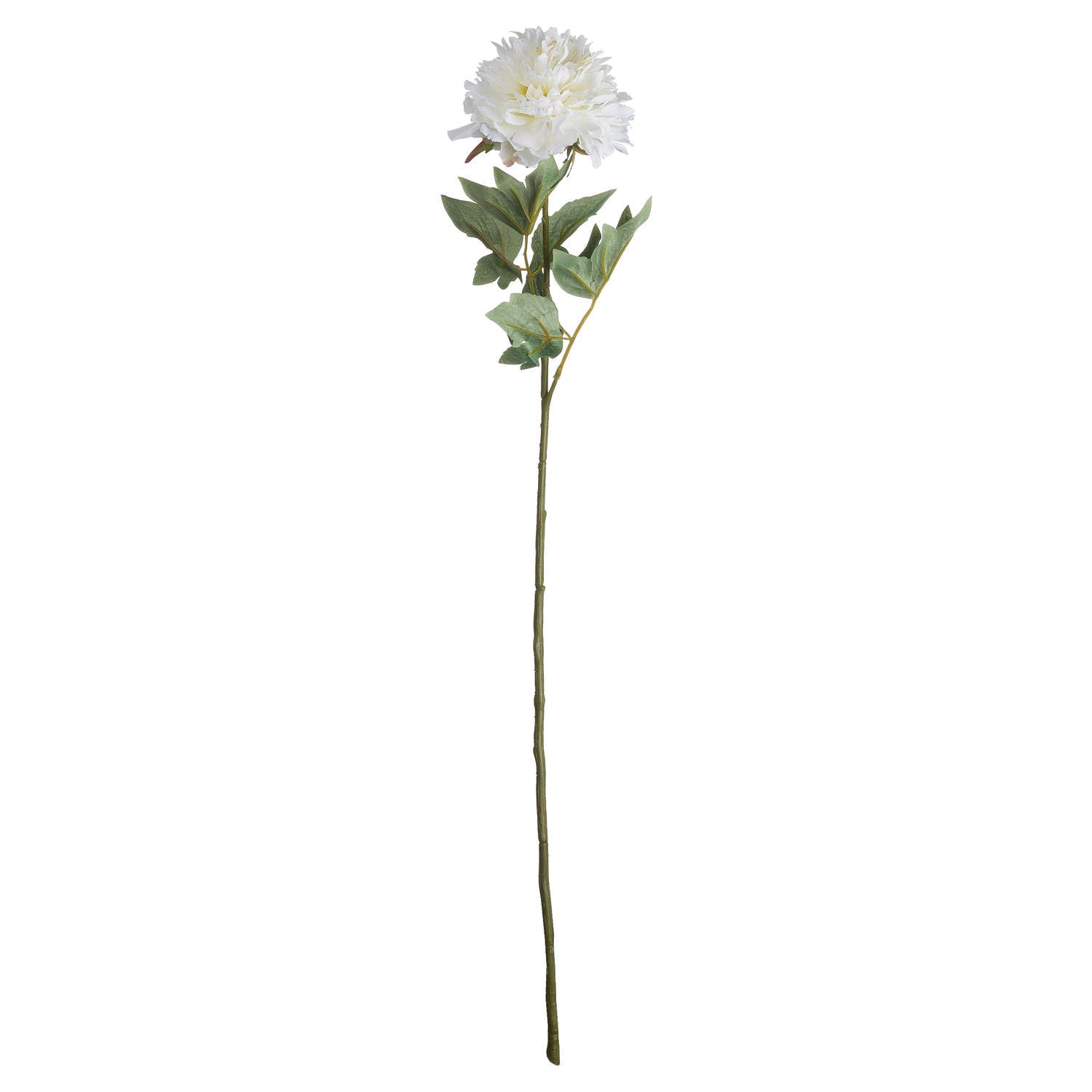 Single stem artificial white peony with intricate petals and green leaves, perfect for timeless home decor.
