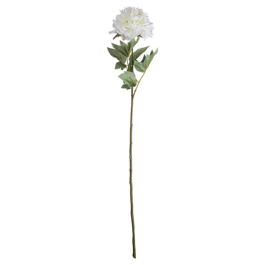 Single stem artificial white peony with intricate petals and green leaves, perfect for timeless home decor.