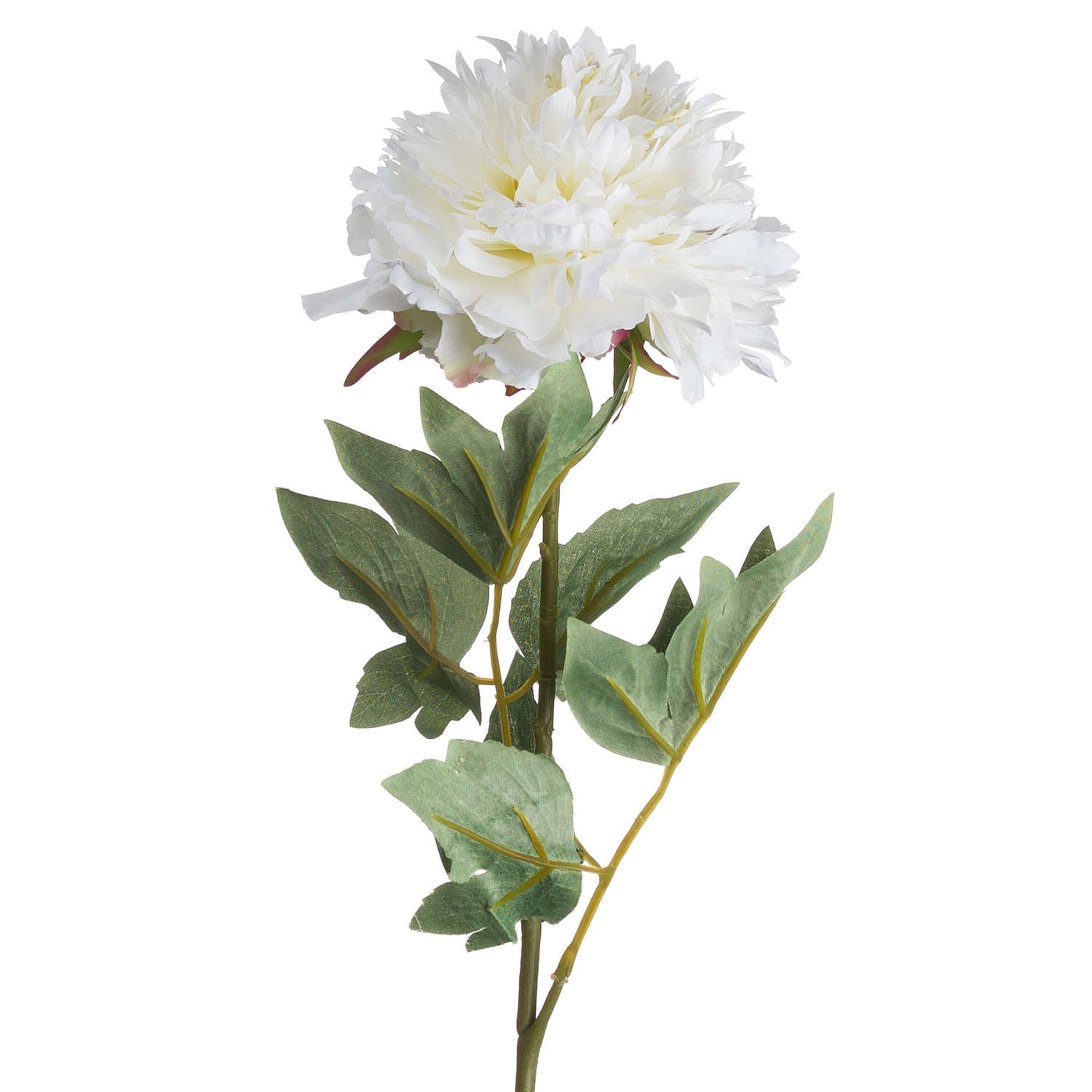 Artificial white peony with layered petals, accented by lush green leaves, perfect for elegant home decor.
