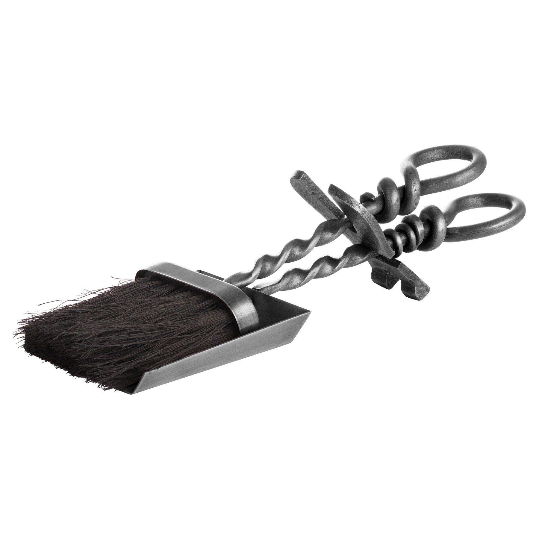 Silver hearth tidy set featuring a hand-turned loop handle with a twisted design, elegant brush and dustpan for fireplace maintenance.