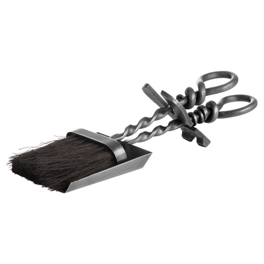 Silver hearth tidy set featuring a hand-turned loop handle with a twisted design, elegant brush and dustpan for fireplace maintenance.