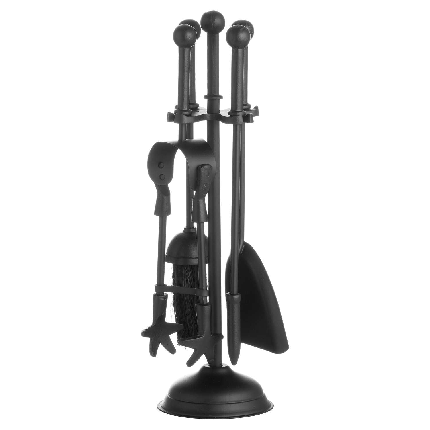 Sleek black fireside companion set featuring a classic design with ball-topped handles, ideal for elegant home decor.