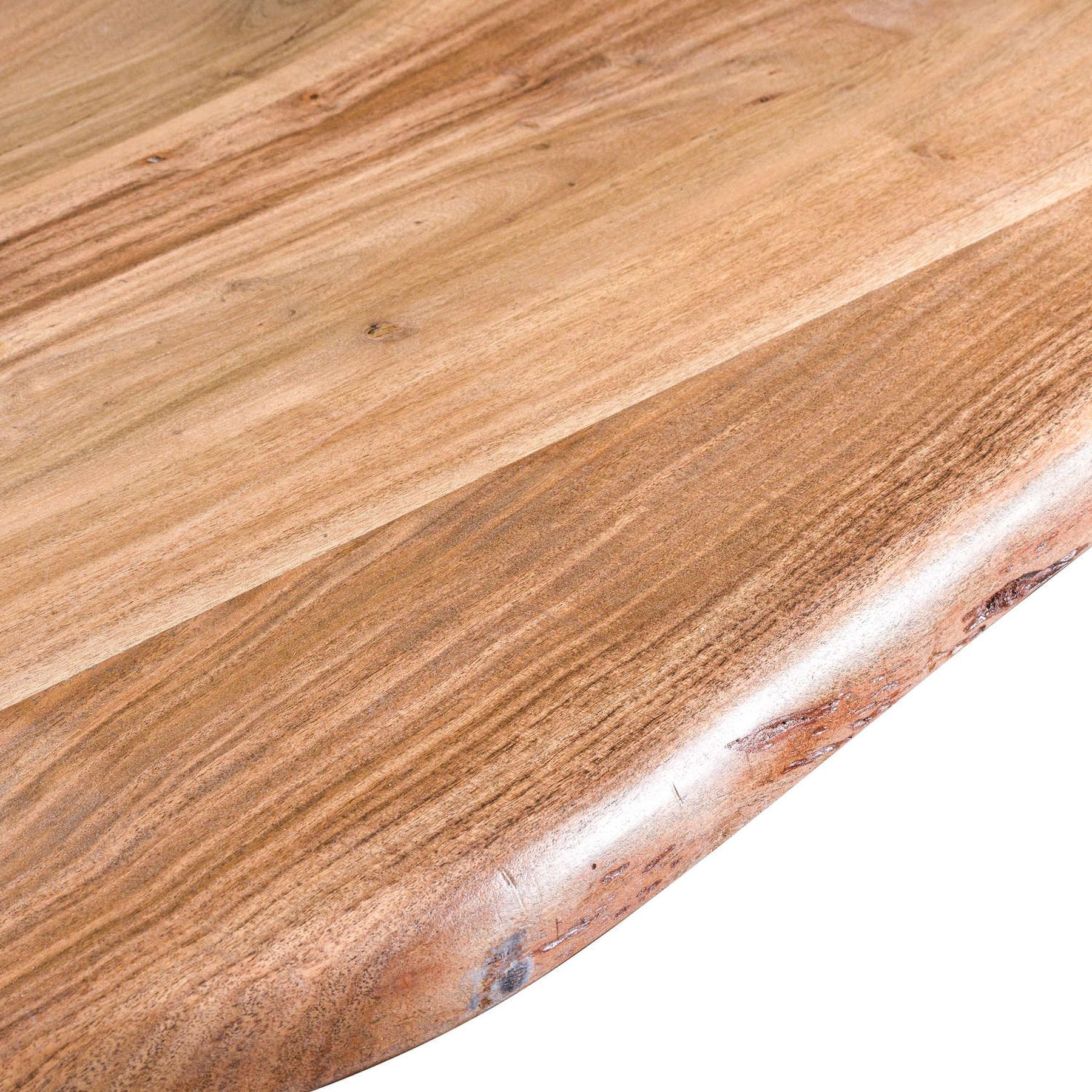 Live edge dining table showcasing rich Indian acacia wood with a natural finish and smooth, organic curves.