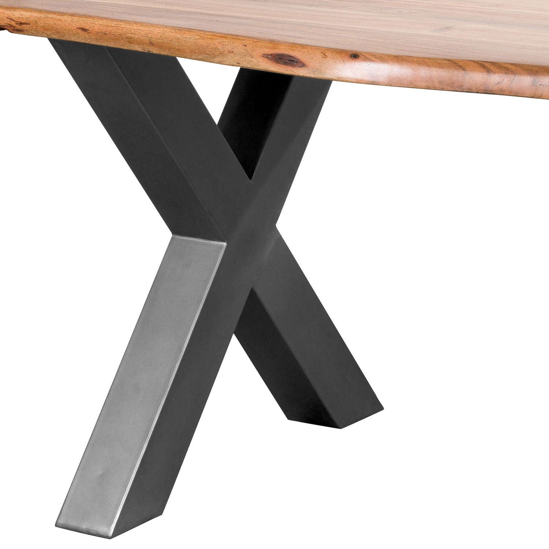Live edge dining table with natural acacia wood surface, contrasted by sleek industrial metal X-frame legs for modern elegance.