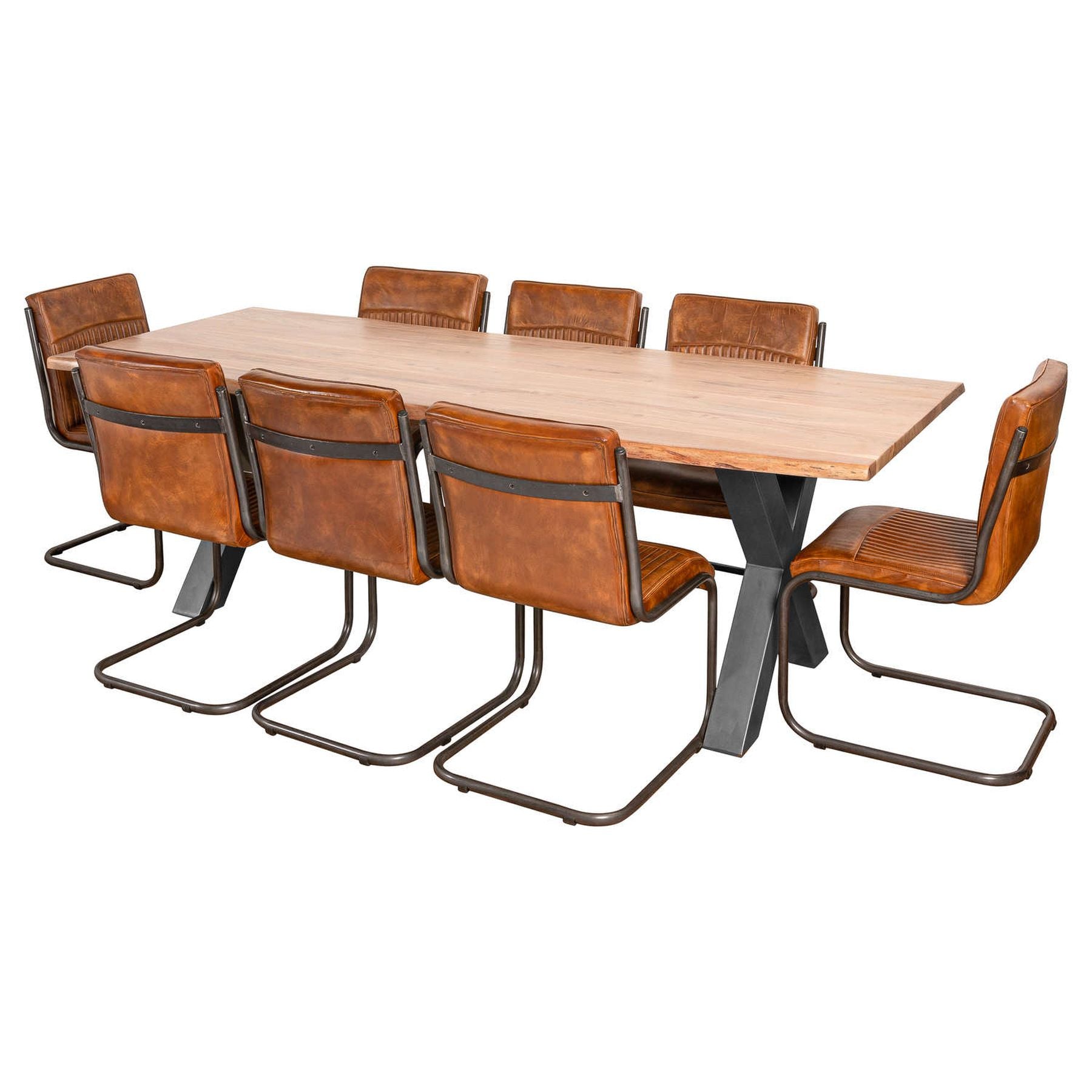 Large live edge dining table made of Indian acacia wood, featuring a natural finish and industrial metal cross-frame legs, surrounded by brown leather chairs.