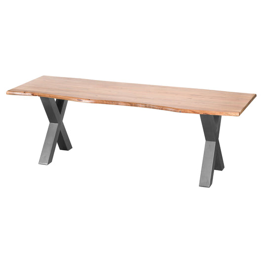 Live edge dining table made of Indian acacia wood with natural curves, supported by sleek industrial metal cross-frame legs.