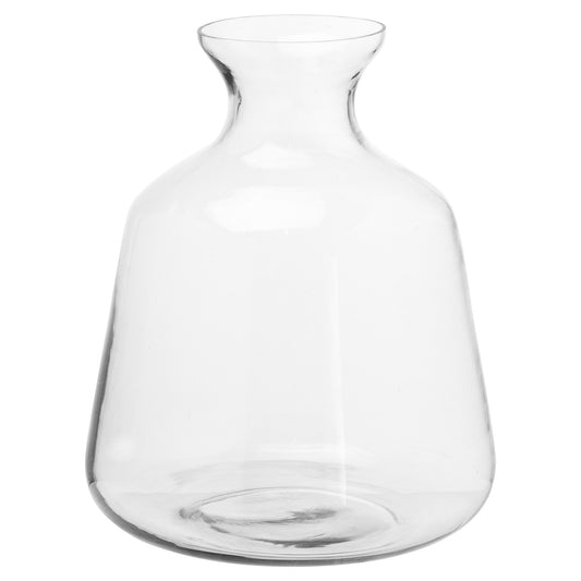 Clear glass vase with a distinctive hourglass shape, combining classical inspiration with modern elegance, perfect for any decor.
