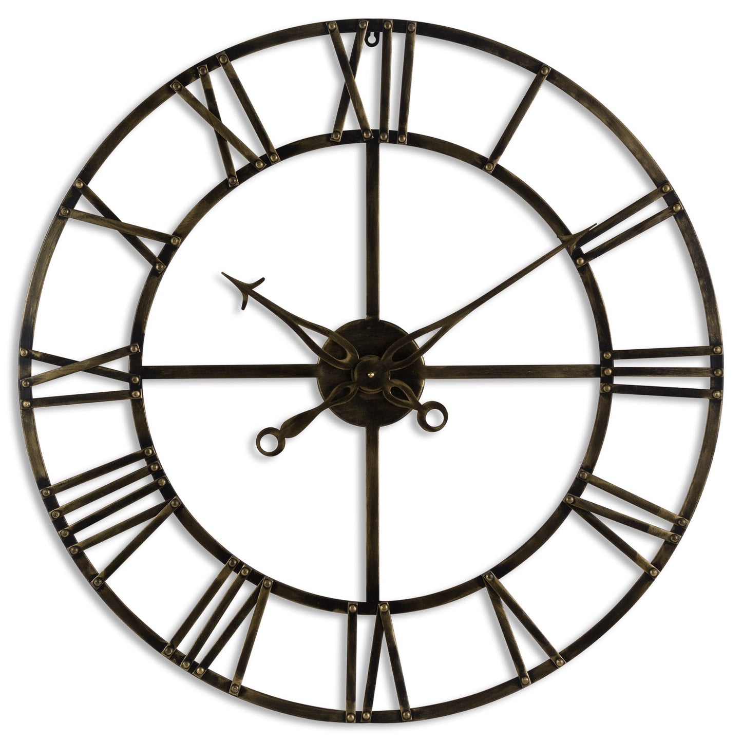 Antique brass wall clock with exposed gears, Roman numerals, and elegant hands, measuring 80cm in diameter for a striking focal point.