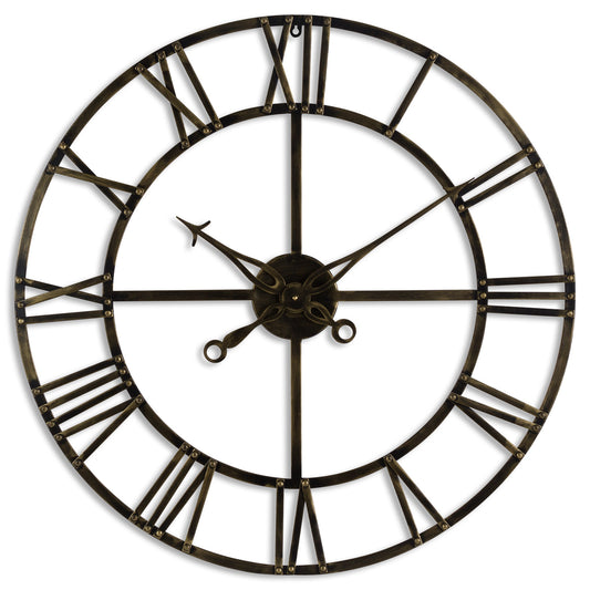 Antique brass wall clock with exposed gears, Roman numerals, and elegant hands, measuring 80cm in diameter for a striking focal point.