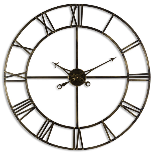 Large antique brass skeleton wall clock, 100cm wide, showcases intricate design and vintage charm with exposed gears and Roman numerals.