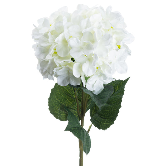 Lifelike white hydrangea stem featuring lush clusters of delicate florets and dark green leaves, ideal for elegant decor.