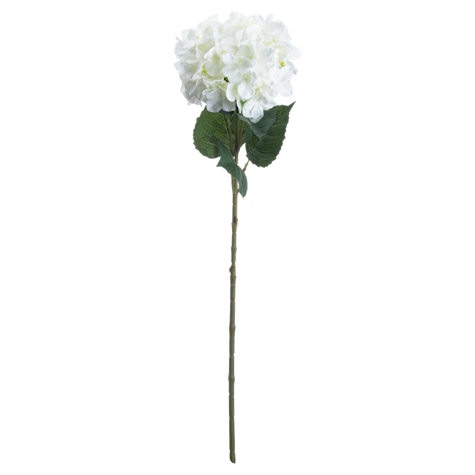 Lifelike single stem white hydrangea with lush clusters of florets and green leaves, ideal for elegant floral arrangements.