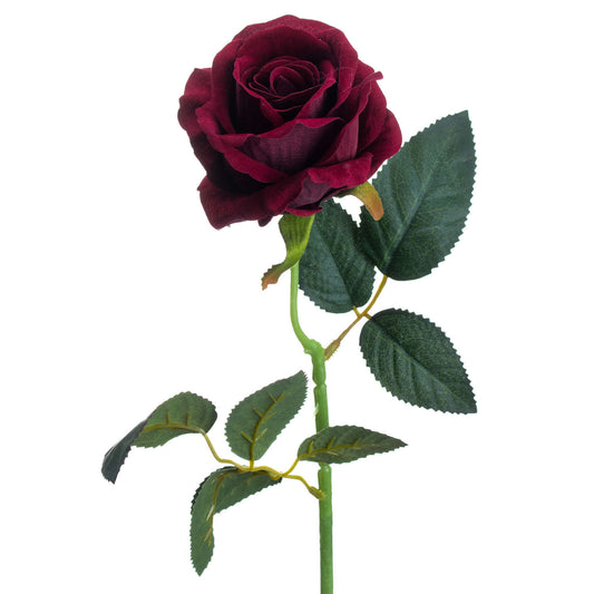 Deep red artificial rose with velvety petals and green leaves, perfect for elegant floral displays in any interior.