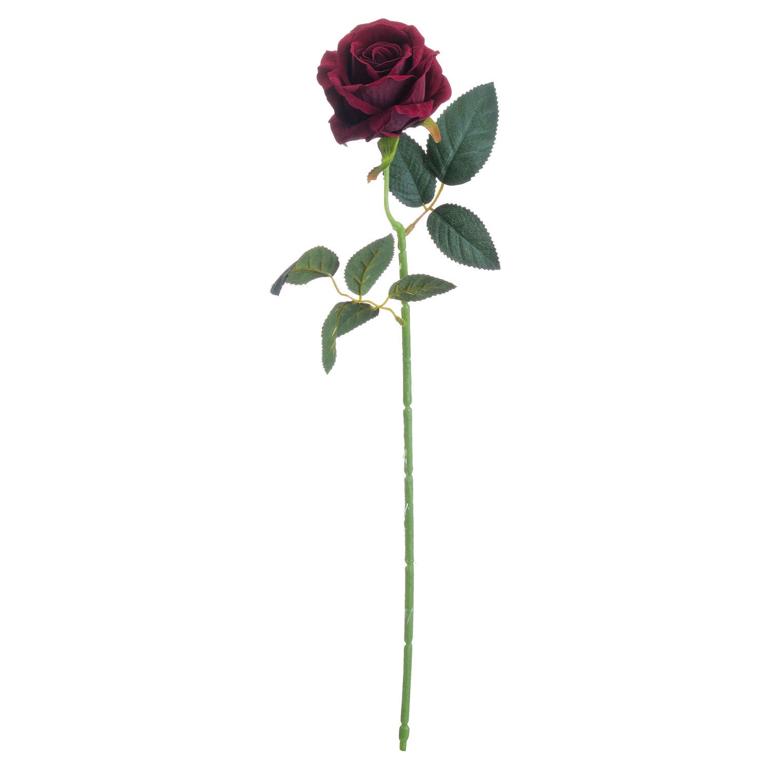 Deep crimson artificial rose with velvety petals and lush green leaves, ideal for elegant floral displays and versatile styling.