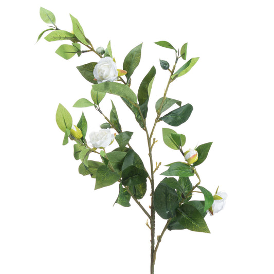 Elegant cream gardenia stem with realistic petals and lush green leaves, perfect for versatile floral arrangements.