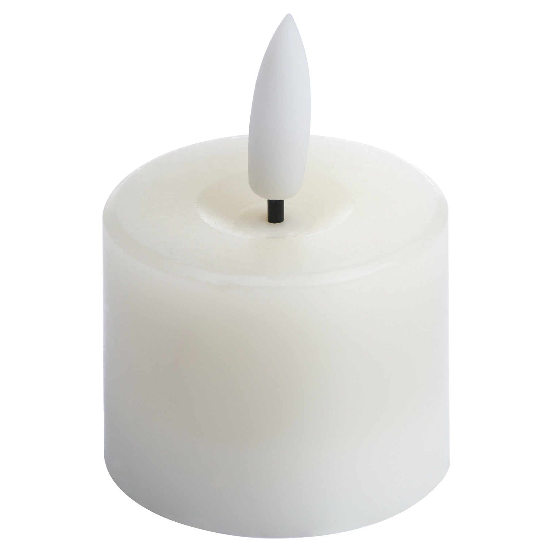 White LED tealight candle with a realistic flame effect, featuring a black wick for an elegant and safe ambient glow.