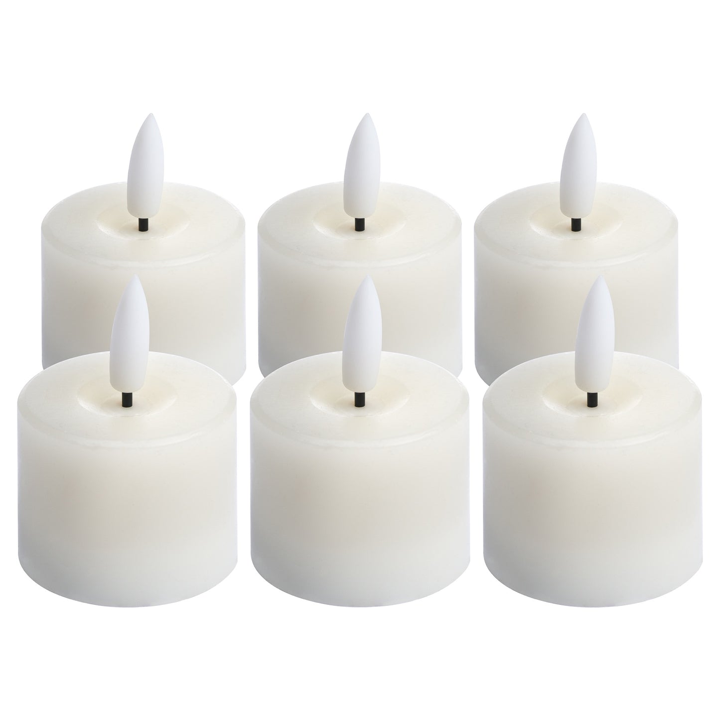 Set of six white LED tealight candles with realistic flame effect, featuring black wicks for lifelike ambiance and a 6-hour timer.
