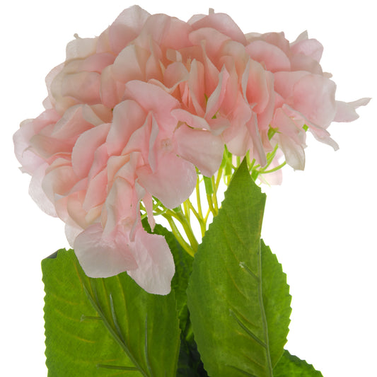 Lifelike single stem pink hydrangea with soft petals and vibrant green leaves, offering elegant decor for any space.
