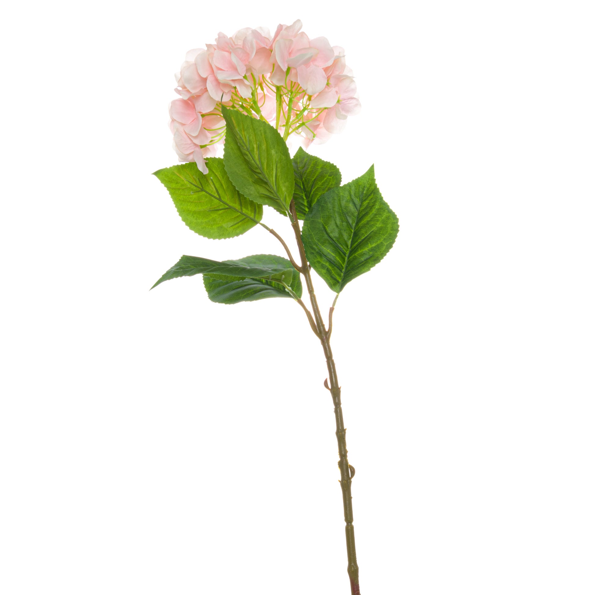 Lifelike single pink hydrangea stem with soft petals and vibrant green leaves, perfect for elegant home décor or arrangements.