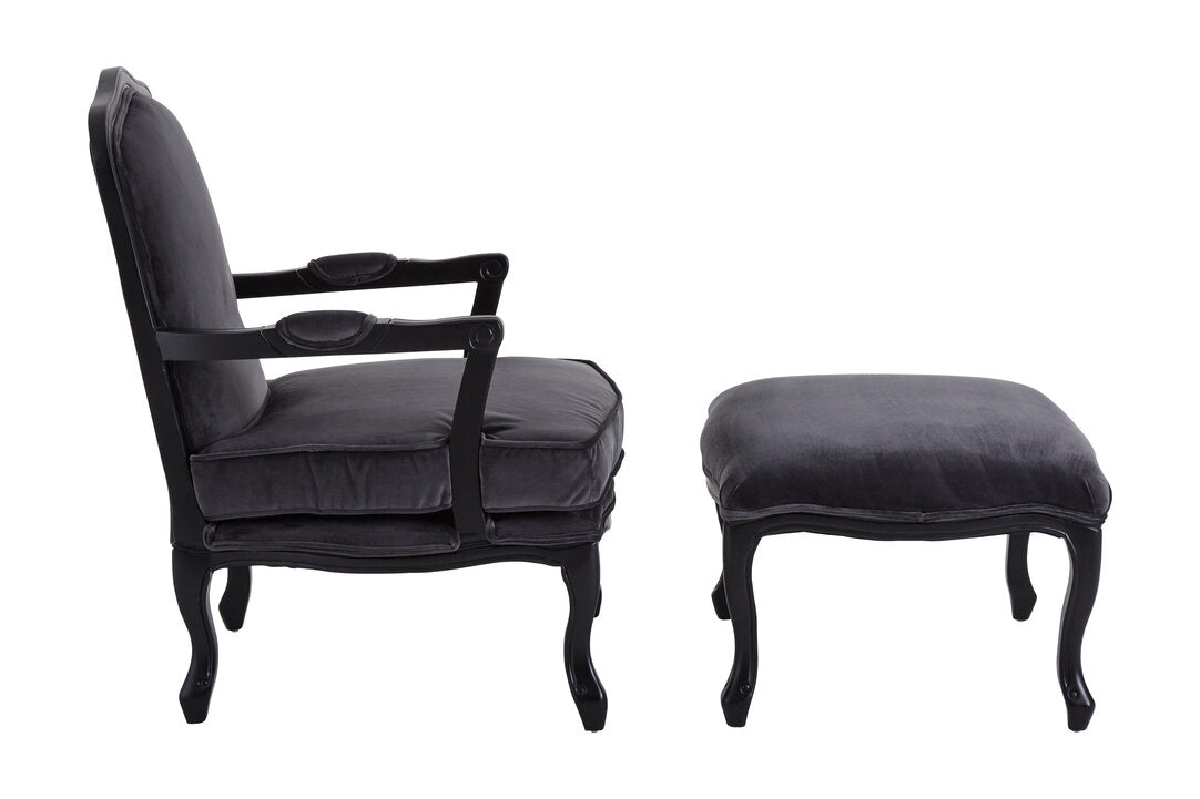 Baroque Grey Velvet Chair And Footstool