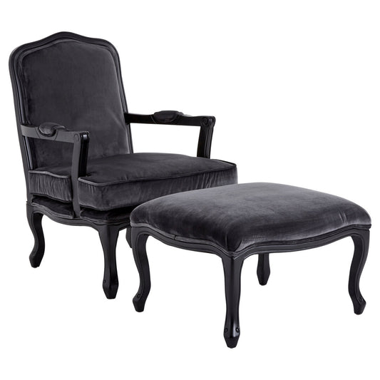 Baroque Grey Velvet Chair And Footstool