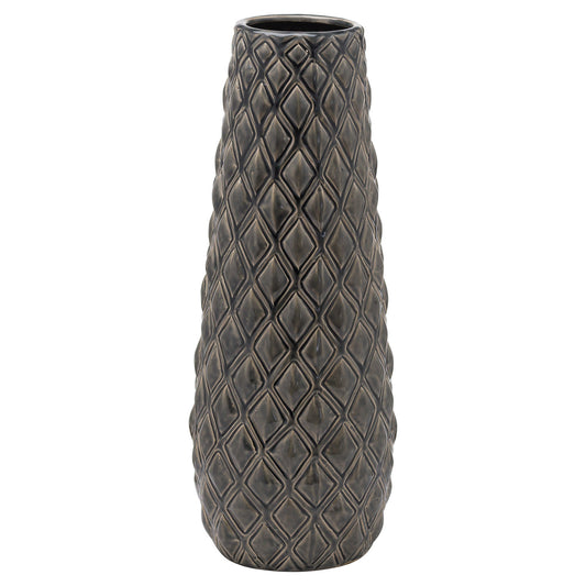 Elegant tall vase in a rich red with a textured, diamond-patterned finish, perfect for enhancing home decor.