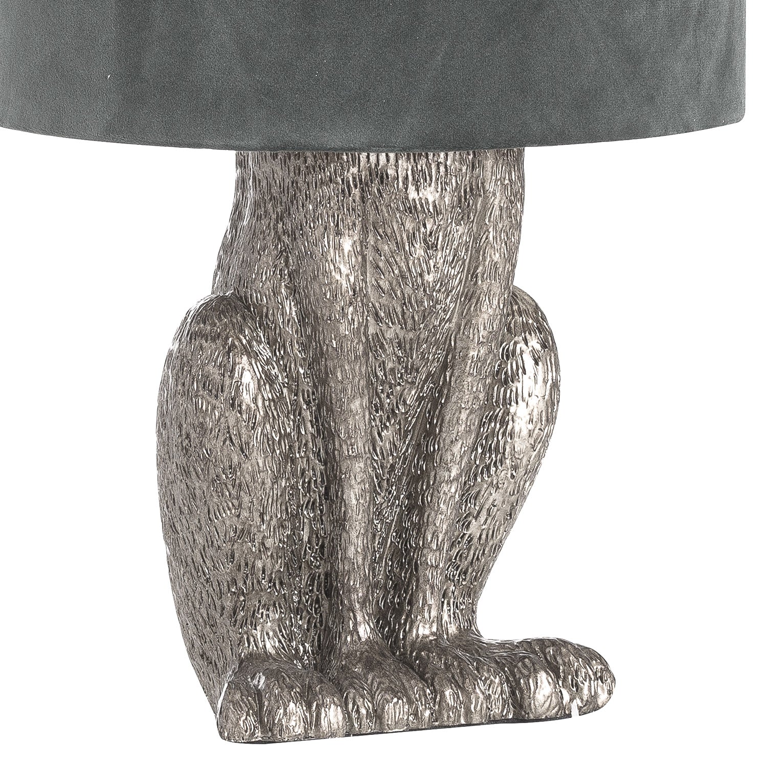 Silver hare table lamp with a playful design, featuring a textured silver base and a soft grey velvet shade.
