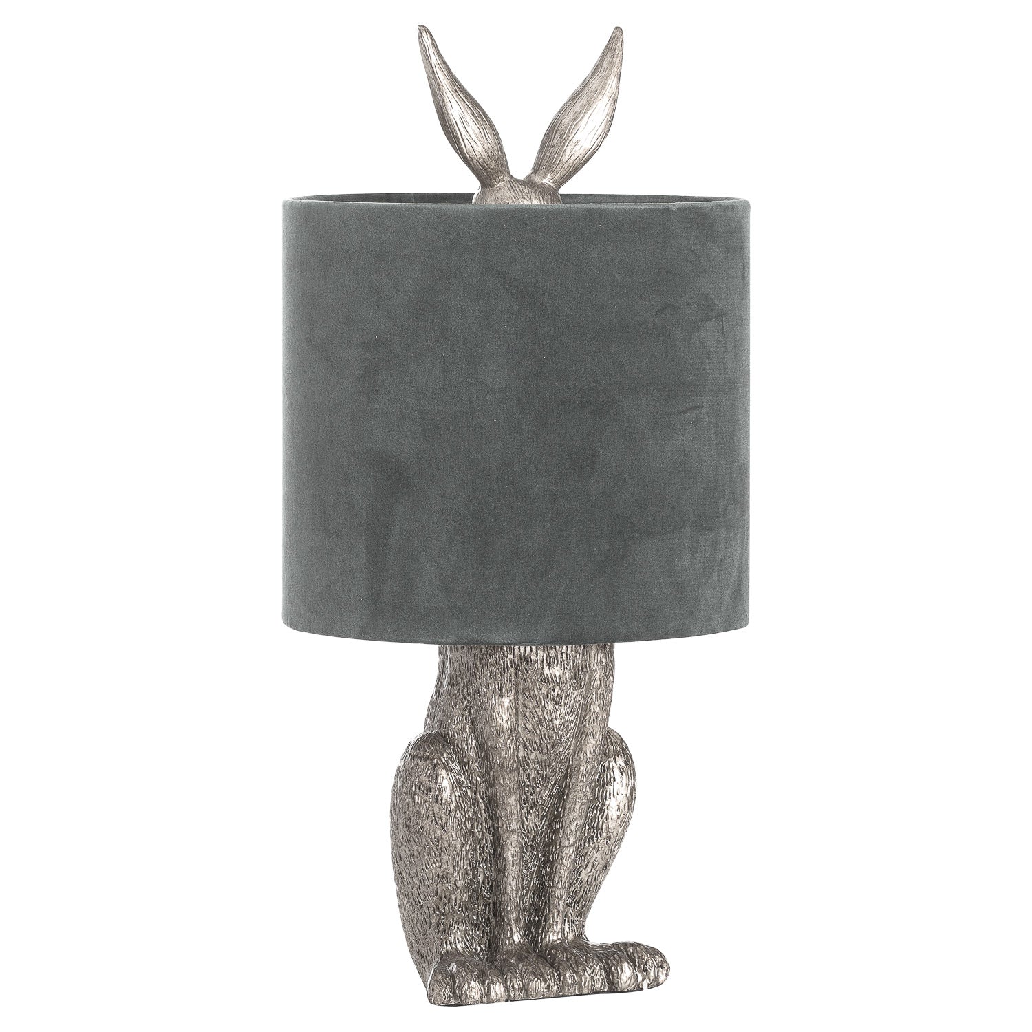 Table lamp with a playful silver hare base and a soft grey velvet shade, adding whimsical elegance to any space.