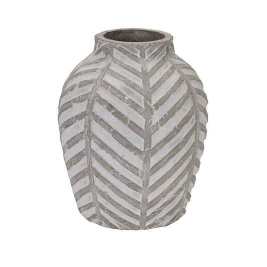 Geometric stone vase with earthy neutral tones, featuring a textured chevron pattern for a sophisticated, elegant touch.