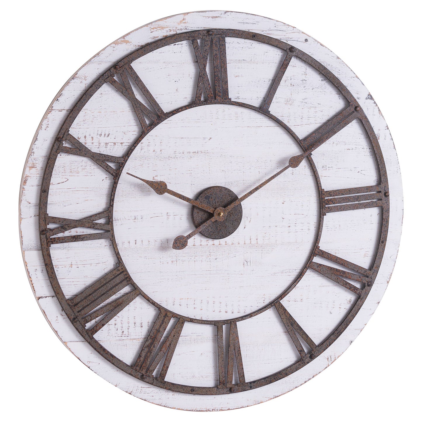 Rustic wall clock featuring aged metal numerals and hands on a whitewashed wooden backboard, exuding vintage charm.