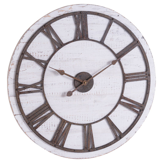 Rustic wall clock featuring aged metal numerals and hands on a whitewashed wooden backboard, exuding vintage charm.