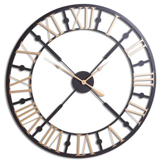 Black and gold wall clock with an intricate skeleton design, featuring Roman numerals and decorative hands that enhance elegance.