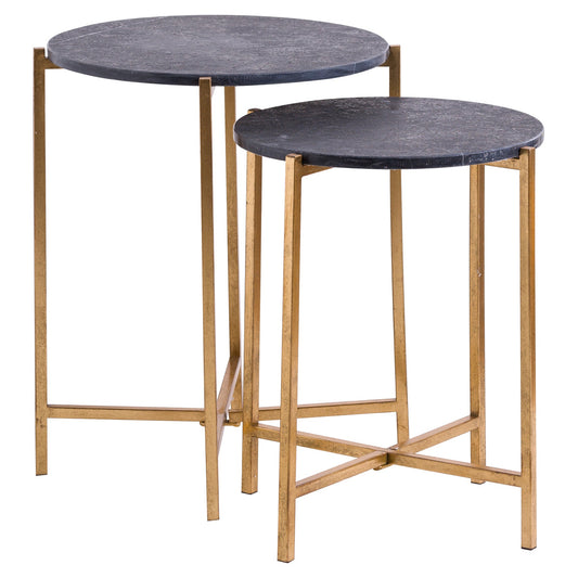 Set of two elegant side tables featuring black marble tops and gold metallic bases, perfect for modern and classic decor.