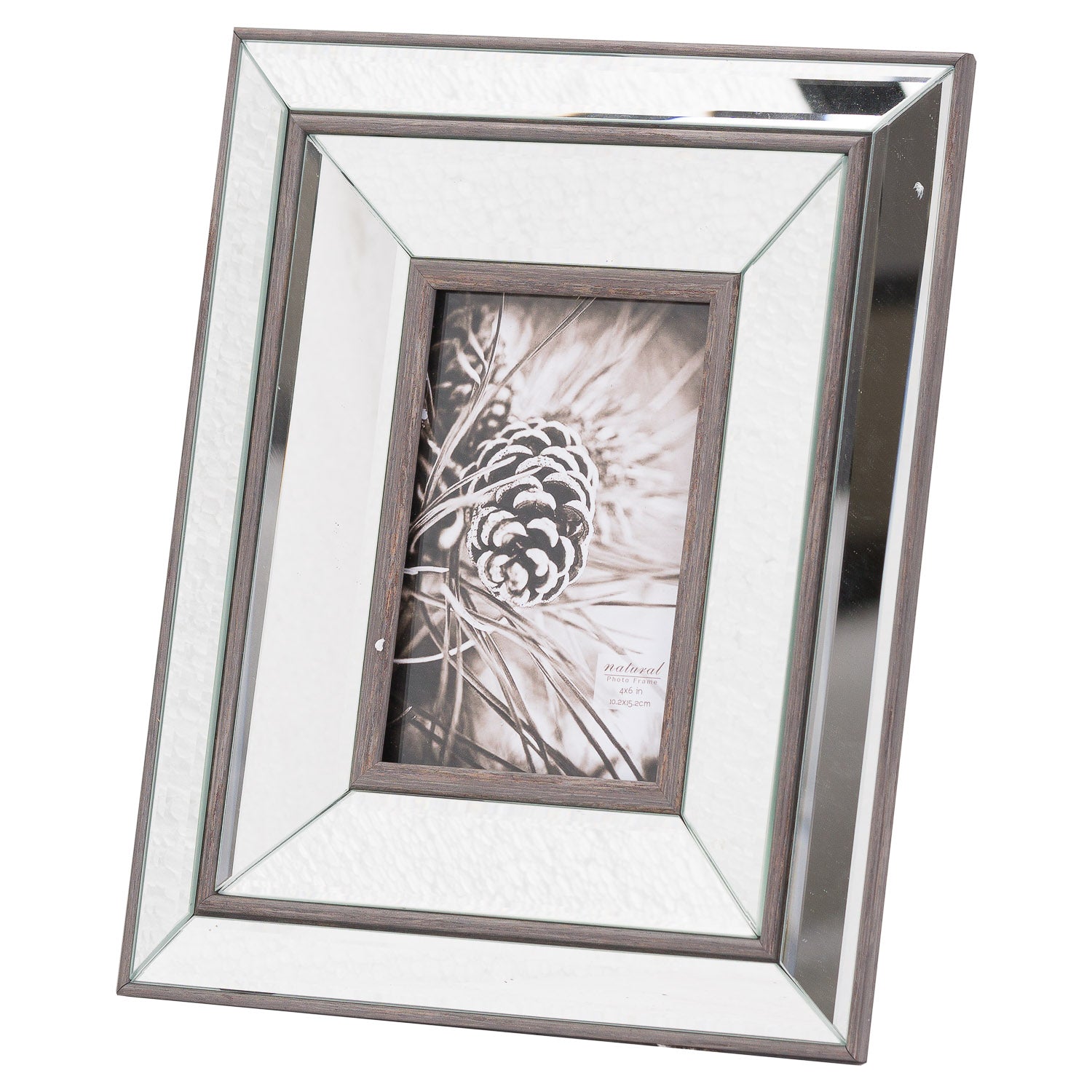A red wood photo frame featuring a beveled mirror design, combining rustic charm with modern elegance for stylish décor.