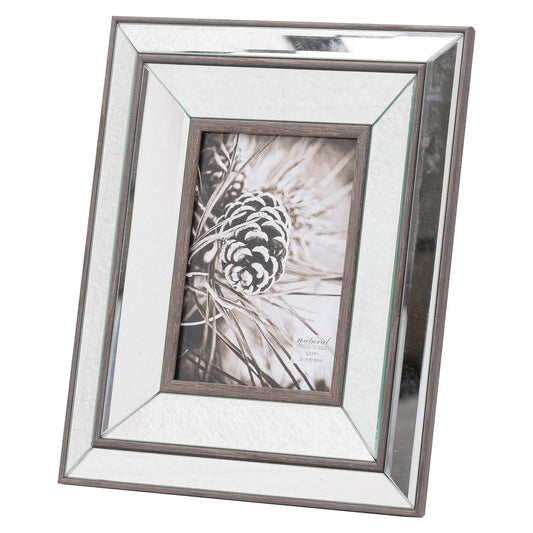 Beveled mirror frame with warm wood tones, showcasing a 5x7 photo, perfect for elegant decor. Red accents enhance its sophistication.